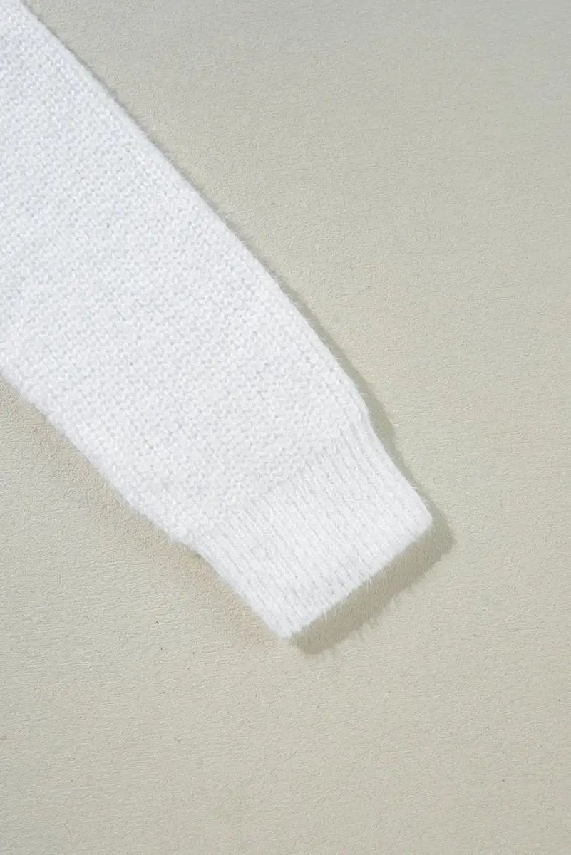 White Pearl Beaded Heart Pattern Fuzzy V Neck Sweater - Love Salve